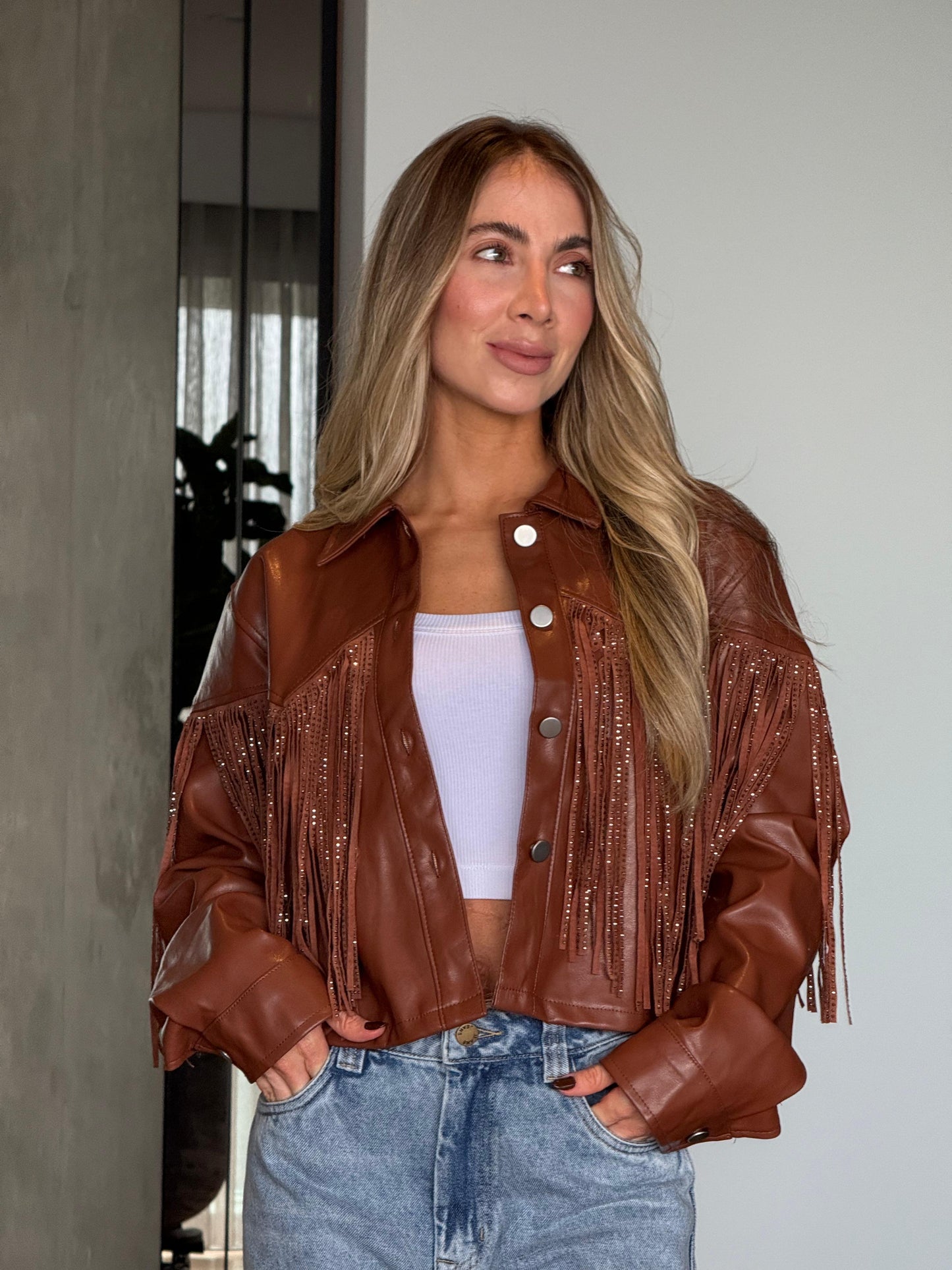 Chaqueta Efecto Cuero Café