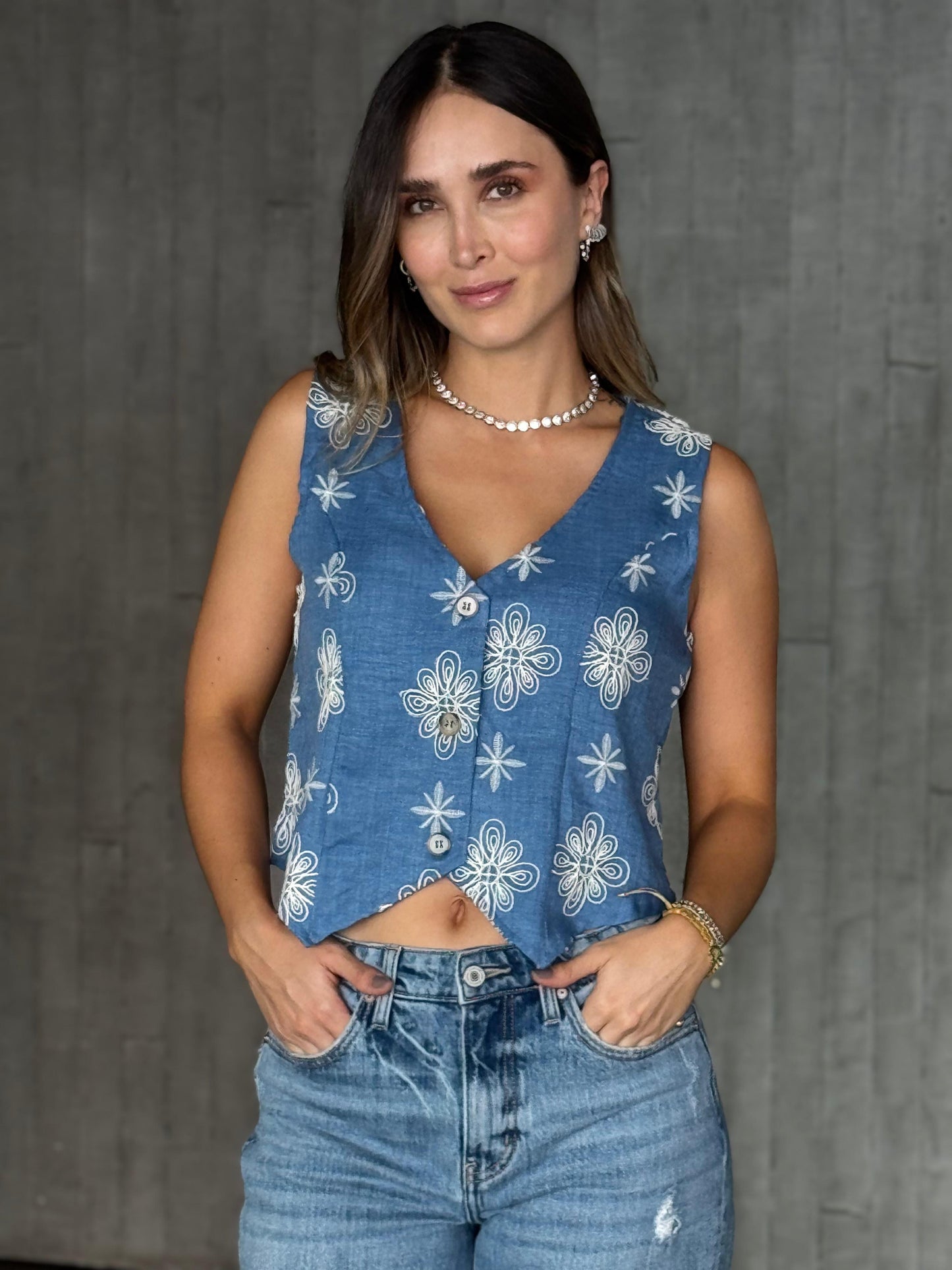 Chaleco Bordado Flores Azul