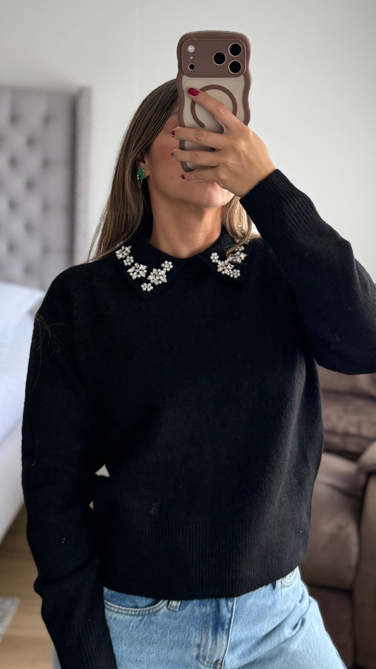 Buzo Hilo Cuello Piedras Negro