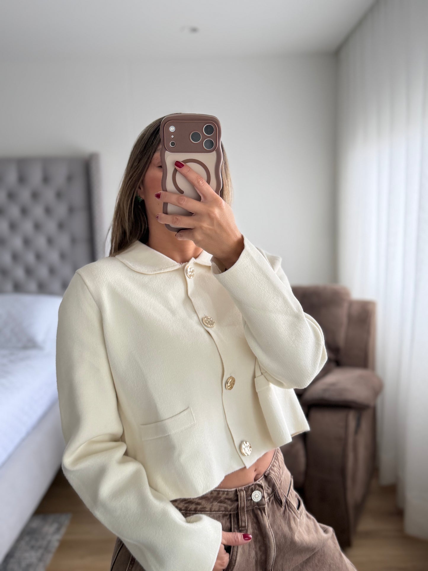 Buzo Hilo Cuello Bolsillo Marfil