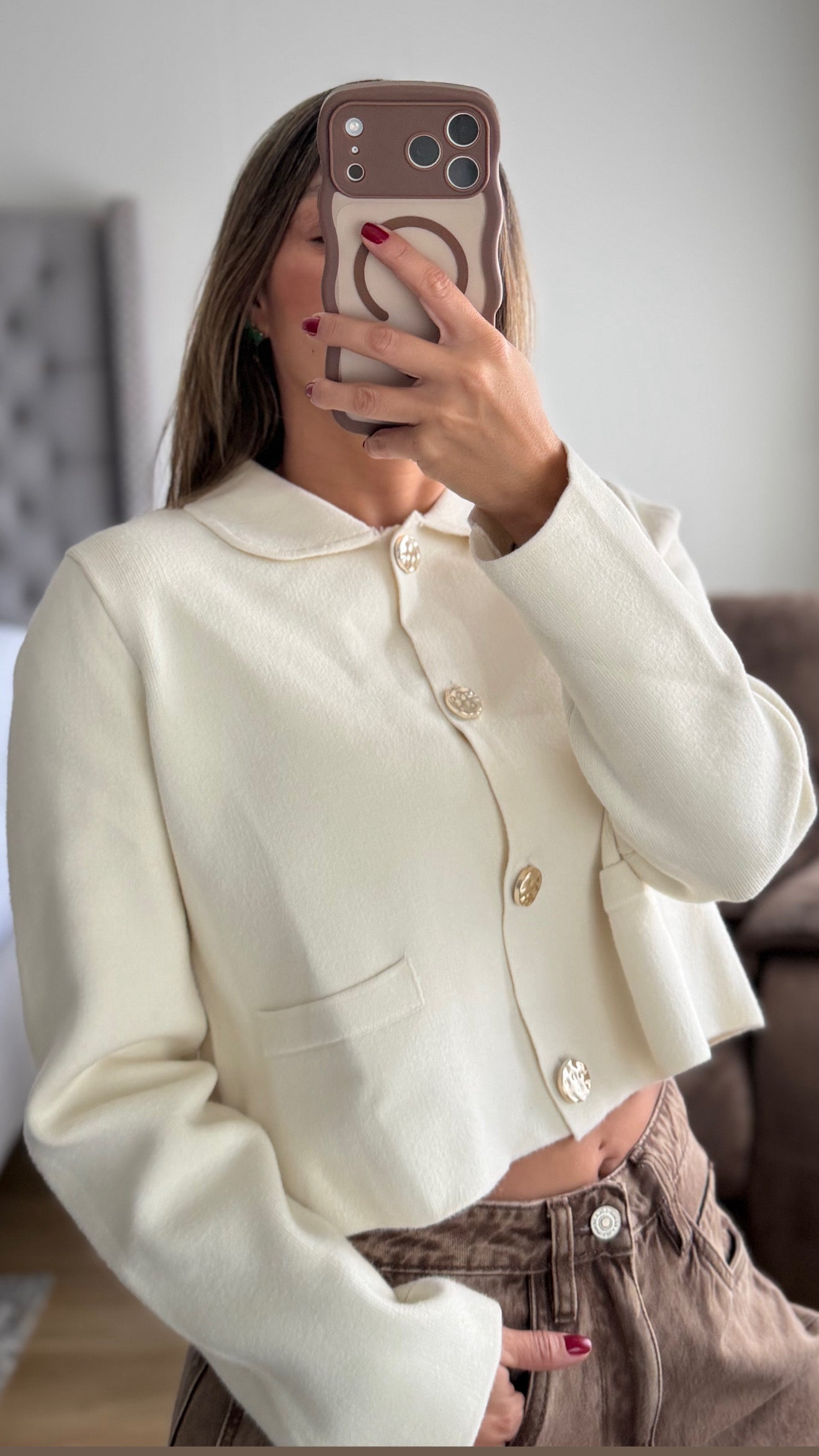 Buzo Hilo Cuello Bolsillo Marfil