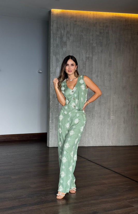 Set Lino Flores Bordado Verde