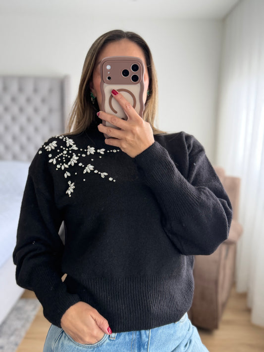 Buzo Hilo Aplique Piedras Negro