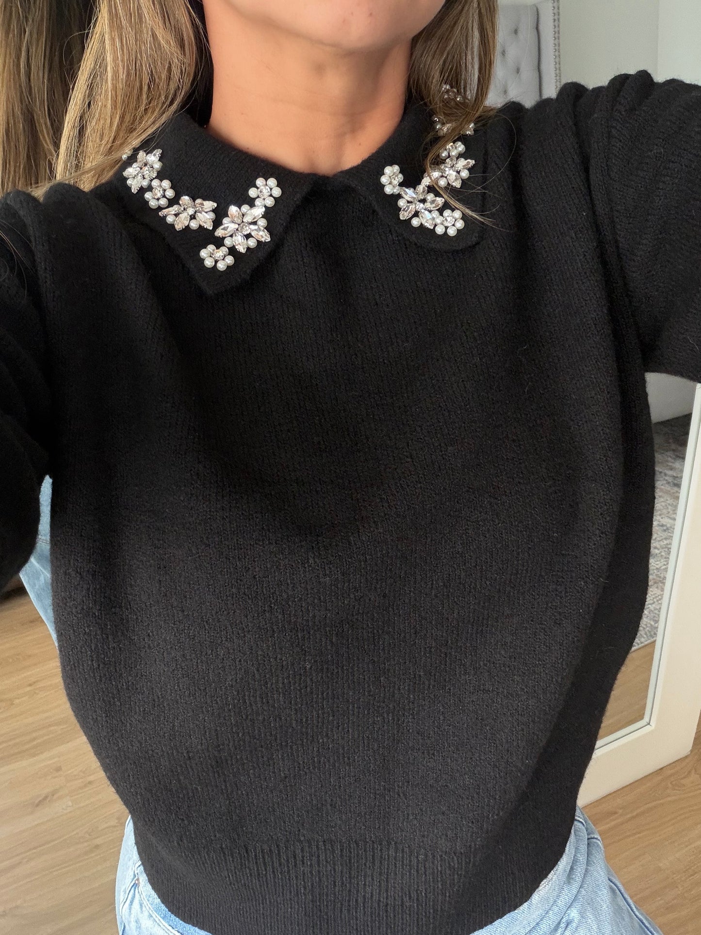 Buzo Hilo Cuello Piedras Negro